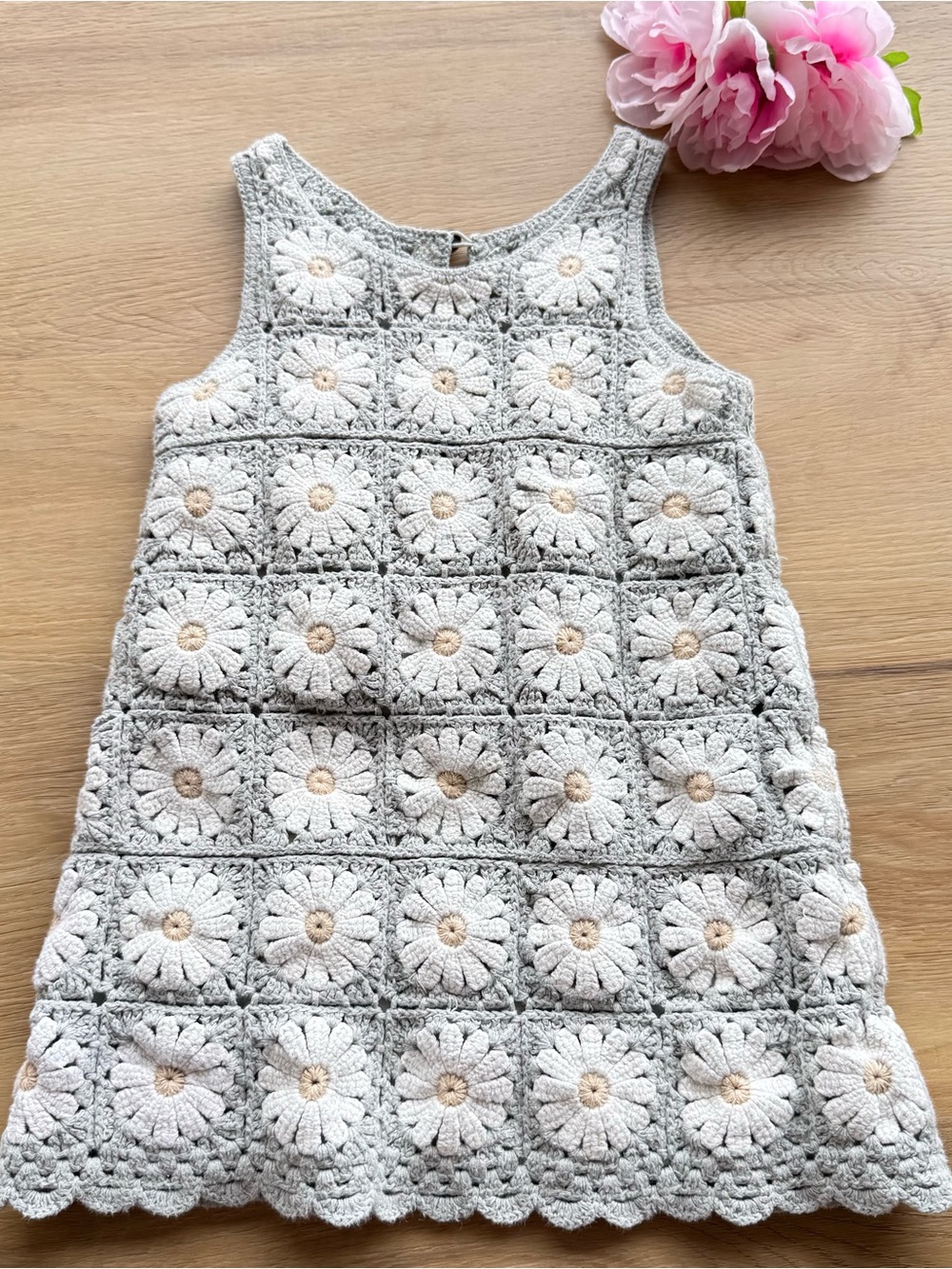 Rylee + Cru Crochet Daisy Tank Dress 2/3 years iCream Light Gray lined cotton
